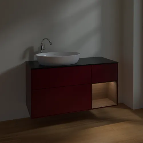Bild von VILLEROY BOCH Finion Waschbeckenunterschrank, mit Beleuchtung, 3 Auszüge, 1200 x 603 x 501 mm, Peony Matt Lacquer / Walnut Veneer / Glass Black Matt #F932GNHB