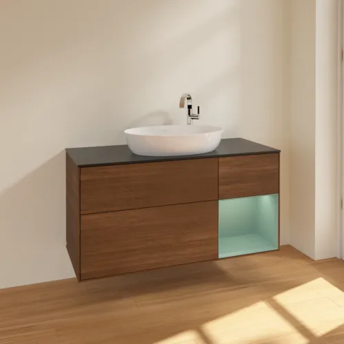 Bild von VILLEROY BOCH Finion Waschbeckenunterschrank, mit Beleuchtung, 3 Auszüge, 1200 x 603 x 501 mm, Walnut Veneer / Olive Matt Lacquer / Glass Black Matt #F952GMGN