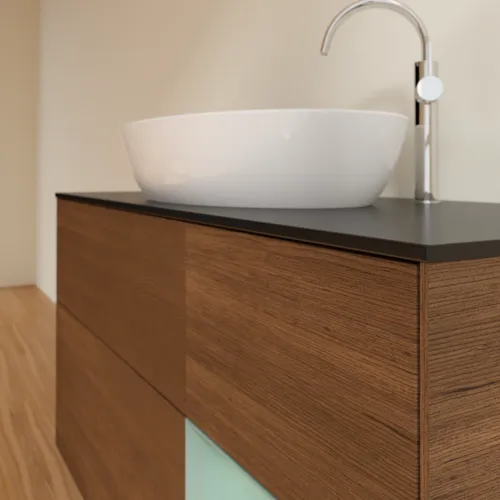 Bild von VILLEROY BOCH Finion Waschbeckenunterschrank, mit Beleuchtung, 3 Auszüge, 1200 x 603 x 501 mm, Walnut Veneer / Olive Matt Lacquer / Glass Black Matt #F952GMGN