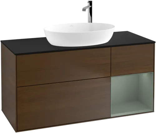 Bild von VILLEROY BOCH Finion Waschbeckenunterschrank, mit Beleuchtung, 3 Auszüge, 1200 x 603 x 501 mm, Walnut Veneer / Olive Matt Lacquer / Glass Black Matt #F952GMGN