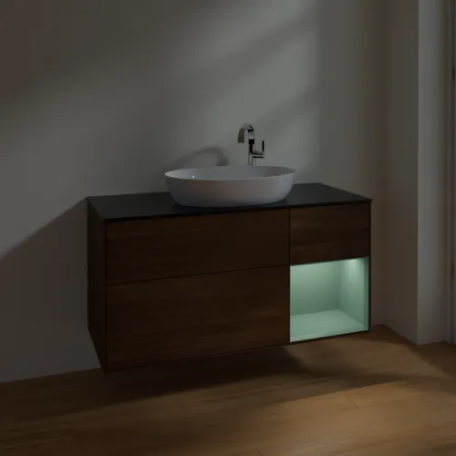 Bild von VILLEROY BOCH Finion Waschbeckenunterschrank, mit Beleuchtung, 3 Auszüge, 1200 x 603 x 501 mm, Walnut Veneer / Olive Matt Lacquer / Glass Black Matt #F952GMGN