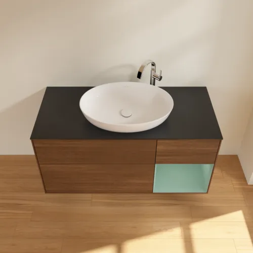 Bild von VILLEROY BOCH Finion Waschbeckenunterschrank, mit Beleuchtung, 3 Auszüge, 1200 x 603 x 501 mm, Walnut Veneer / Olive Matt Lacquer / Glass Black Matt #F952GMGN