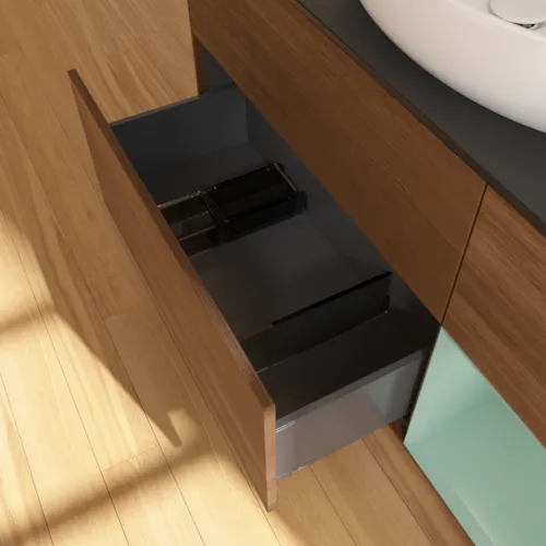 Bild von VILLEROY BOCH Finion Waschbeckenunterschrank, mit Beleuchtung, 3 Auszüge, 1200 x 603 x 501 mm, Walnut Veneer / Olive Matt Lacquer / Glass Black Matt #F952GMGN