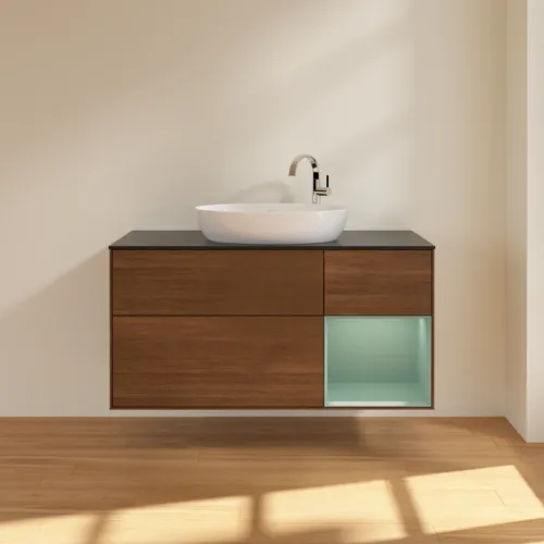 Bild von VILLEROY BOCH Finion Waschbeckenunterschrank, mit Beleuchtung, 3 Auszüge, 1200 x 603 x 501 mm, Walnut Veneer / Olive Matt Lacquer / Glass Black Matt #F952GMGN