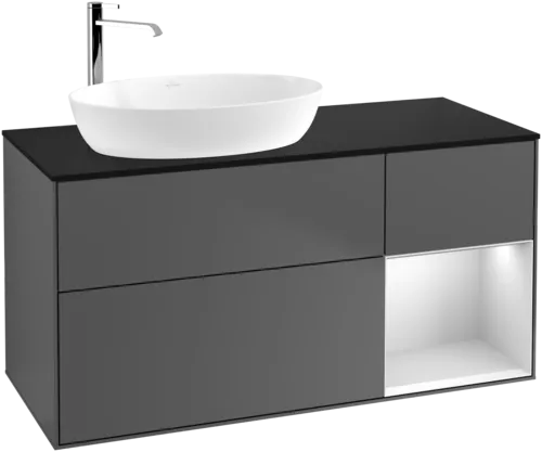 Bild von VILLEROY BOCH Finion Waschbeckenunterschrank, mit Beleuchtung, 3 Auszüge, 1200 x 603 x 501 mm, Anthracite Matt Lacquer / White Matt Lacquer / Glass Black Matt #F932MTGK