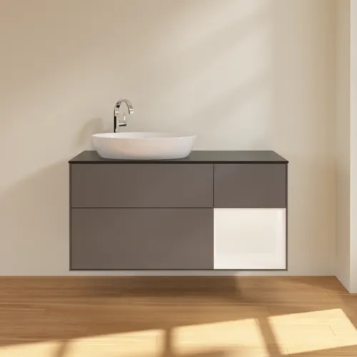 Bild von VILLEROY BOCH Finion Waschbeckenunterschrank, mit Beleuchtung, 3 Auszüge, 1200 x 603 x 501 mm, Anthracite Matt Lacquer / White Matt Lacquer / Glass Black Matt #F932MTGK