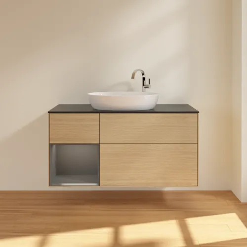 Bild von VILLEROY BOCH Finion Waschbeckenunterschrank, mit Beleuchtung, 3 Auszüge, 1200 x 603 x 501 mm, Oak Veneer / Anthracite Matt Lacquer / Glass Black Matt #F942GKPC