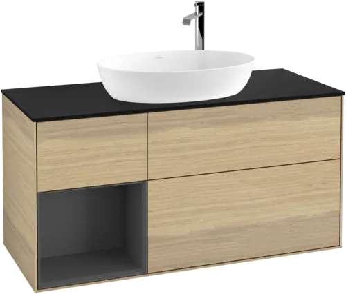 Bild von VILLEROY BOCH Finion Waschbeckenunterschrank, mit Beleuchtung, 3 Auszüge, 1200 x 603 x 501 mm, Oak Veneer / Anthracite Matt Lacquer / Glass Black Matt #F942GKPC