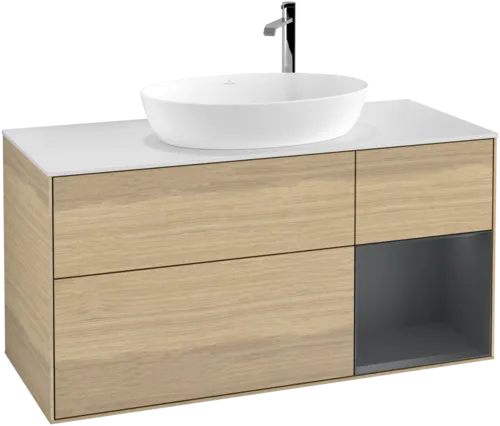 Bild von VILLEROY BOCH Finion Waschbeckenunterschrank, mit Beleuchtung, 3 Auszüge, 1200 x 603 x 501 mm, Oak Veneer / Midnight Blue Matt Lacquer / Glass White Matt #F951HGPC