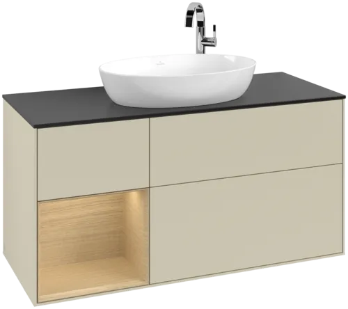Bild von VILLEROY BOCH Finion Waschbeckenunterschrank, mit Beleuchtung, 3 Auszüge, 1200 x 603 x 501 mm, Silk Grey Matt Lacquer / Oak Veneer / Glass Black Matt #F942PCHJ