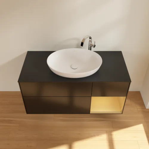 Picture of VILLEROY BOCH Finion Vanity unit, with lighting, 3 pull-out compartments, 1200 x 603 x 501 mm, Black Matt Lacquer / Gold Matt Lacquer / Glass Black Matt #F952HFPD