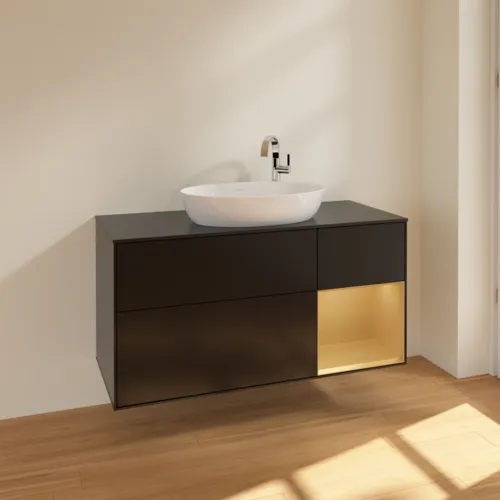 Picture of VILLEROY BOCH Finion Vanity unit, with lighting, 3 pull-out compartments, 1200 x 603 x 501 mm, Black Matt Lacquer / Gold Matt Lacquer / Glass Black Matt #F952HFPD