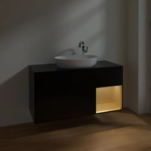 Picture of VILLEROY BOCH Finion Vanity unit, with lighting, 3 pull-out compartments, 1200 x 603 x 501 mm, Black Matt Lacquer / Gold Matt Lacquer / Glass Black Matt #F952HFPD