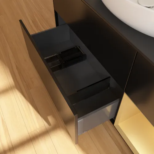 Picture of VILLEROY BOCH Finion Vanity unit, with lighting, 3 pull-out compartments, 1200 x 603 x 501 mm, Black Matt Lacquer / Gold Matt Lacquer / Glass Black Matt #F952HFPD