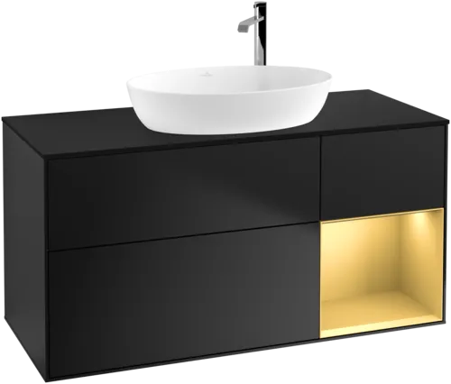 Bild von VILLEROY BOCH Finion Waschbeckenunterschrank, mit Beleuchtung, 3 Auszüge, 1200 x 603 x 501 mm, Black Matt Lacquer / Gold Matt Lacquer / Glass Black Matt #F952HFPD