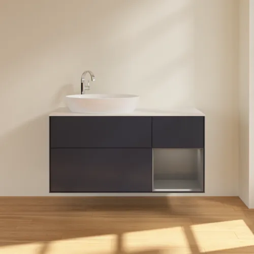 Picture of VILLEROY BOCH Finion Vanity unit, with lighting, 3 pull-out compartments, 1200 x 603 x 501 mm, Midnight Blue Matt Lacquer / Anthracite Matt Lacquer / Glass White Matt #F931GKHG
