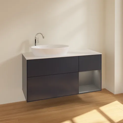 Picture of VILLEROY BOCH Finion Vanity unit, with lighting, 3 pull-out compartments, 1200 x 603 x 501 mm, Midnight Blue Matt Lacquer / Anthracite Matt Lacquer / Glass White Matt #F931GKHG