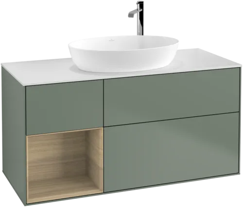 Bild von VILLEROY BOCH Finion Waschbeckenunterschrank, mit Beleuchtung, 3 Auszüge, 1200 x 603 x 501 mm, Olive Matt Lacquer / Oak Veneer / Glass White Matt #F941PCGM
