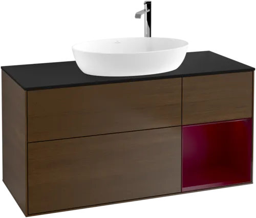 Bild von VILLEROY BOCH Finion Waschbeckenunterschrank, mit Beleuchtung, 3 Auszüge, 1200 x 603 x 501 mm, Walnut Veneer / Peony Matt Lacquer / Glass Black Matt #F952HBGN
