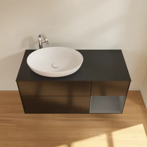 Bild von VILLEROY BOCH Finion Waschbeckenunterschrank, mit Beleuchtung, 3 Auszüge, 1200 x 603 x 501 mm, Black Matt Lacquer / Anthracite Matt Lacquer / Glass Black Matt #F932GKPD