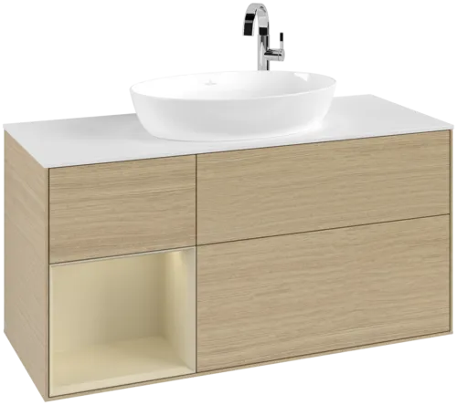 Bild von VILLEROY BOCH Finion Waschbeckenunterschrank, mit Beleuchtung, 3 Auszüge, 1200 x 603 x 501 mm, Oak Veneer / Silk Grey Matt Lacquer / Glass White Matt #F941HJPC