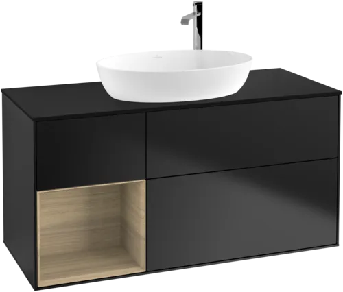 Bild von VILLEROY BOCH Finion Waschbeckenunterschrank, mit Beleuchtung, 3 Auszüge, 1200 x 603 x 501 mm, Black Matt Lacquer / Oak Veneer / Glass Black Matt #F942PCPD