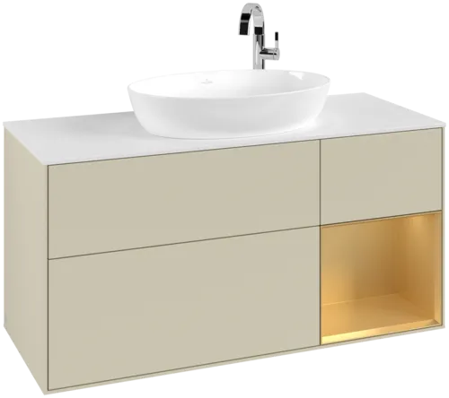 Bild von VILLEROY BOCH Finion Waschbeckenunterschrank, mit Beleuchtung, 3 Auszüge, 1200 x 603 x 501 mm, Silk Grey Matt Lacquer / Gold Matt Lacquer / Glass White Matt #F951HFHJ