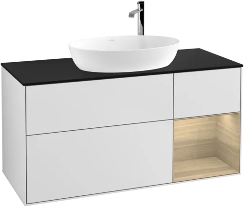 Bild von VILLEROY BOCH Finion Waschbeckenunterschrank, mit Beleuchtung, 3 Auszüge, 1200 x 603 x 501 mm, White Matt Lacquer / Oak Veneer / Glass Black Matt #F952PCMT
