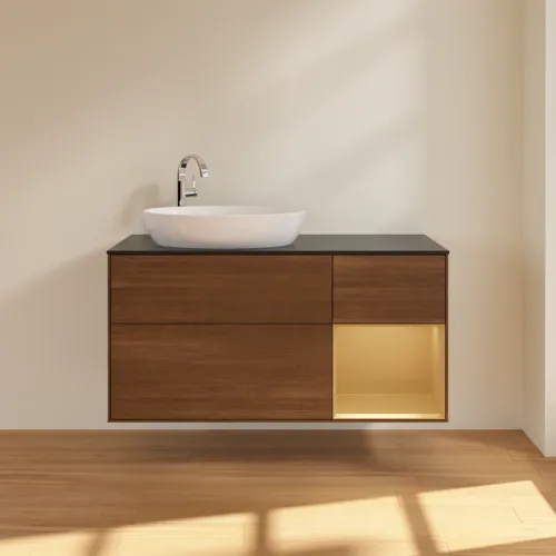 Bild von VILLEROY BOCH Finion Waschbeckenunterschrank, mit Beleuchtung, 3 Auszüge, 1200 x 603 x 501 mm, Walnut Veneer / Gold Matt Lacquer / Glass Black Matt #F932HFGN