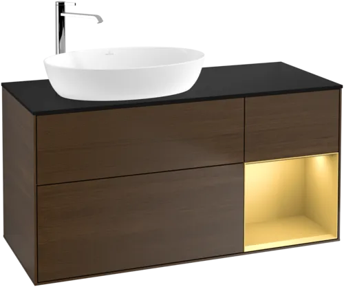 Bild von VILLEROY BOCH Finion Waschbeckenunterschrank, mit Beleuchtung, 3 Auszüge, 1200 x 603 x 501 mm, Walnut Veneer / Gold Matt Lacquer / Glass Black Matt #F932HFGN