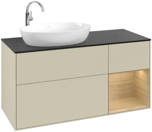 Bild von VILLEROY BOCH Finion Waschbeckenunterschrank, mit Beleuchtung, 3 Auszüge, 1200 x 603 x 501 mm, Silk Grey Matt Lacquer / Oak Veneer / Glass Black Matt #F932PCHJ