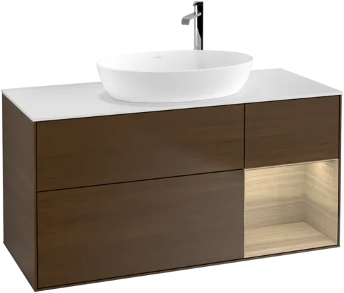 Bild von VILLEROY BOCH Finion Waschbeckenunterschrank, mit Beleuchtung, 3 Auszüge, 1200 x 603 x 501 mm, Walnut Veneer / Oak Veneer / Glass White Matt #F951PCGN