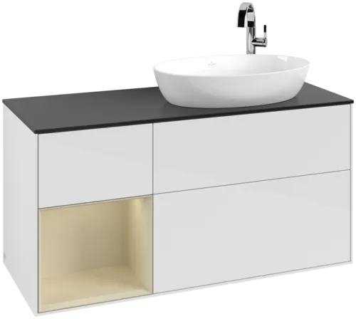 Bild von VILLEROY BOCH Finion Waschbeckenunterschrank, mit Beleuchtung, 3 Auszüge, 1200 x 603 x 501 mm, Glossy White Lacquer / Silk Grey Matt Lacquer / Glass Black Matt #F922HJGF