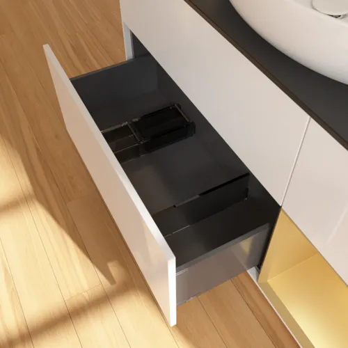 Bild von VILLEROY BOCH Finion Waschbeckenunterschrank, mit Beleuchtung, 3 Auszüge, 1200 x 603 x 501 mm, Glossy White Lacquer / Gold Matt Lacquer / Glass Black Matt #F952HFGF