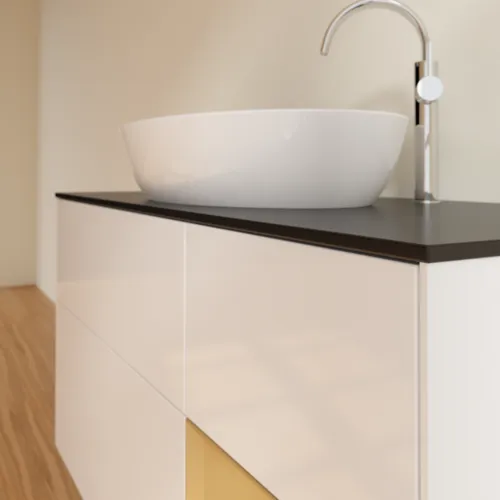 Bild von VILLEROY BOCH Finion Waschbeckenunterschrank, mit Beleuchtung, 3 Auszüge, 1200 x 603 x 501 mm, Glossy White Lacquer / Gold Matt Lacquer / Glass Black Matt #F952HFGF