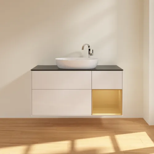Bild von VILLEROY BOCH Finion Waschbeckenunterschrank, mit Beleuchtung, 3 Auszüge, 1200 x 603 x 501 mm, Glossy White Lacquer / Gold Matt Lacquer / Glass Black Matt #F952HFGF