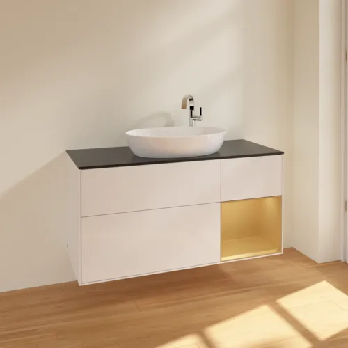 Bild von VILLEROY BOCH Finion Waschbeckenunterschrank, mit Beleuchtung, 3 Auszüge, 1200 x 603 x 501 mm, Glossy White Lacquer / Gold Matt Lacquer / Glass Black Matt #F952HFGF