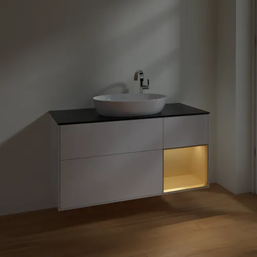 Bild von VILLEROY BOCH Finion Waschbeckenunterschrank, mit Beleuchtung, 3 Auszüge, 1200 x 603 x 501 mm, Glossy White Lacquer / Gold Matt Lacquer / Glass Black Matt #F952HFGF