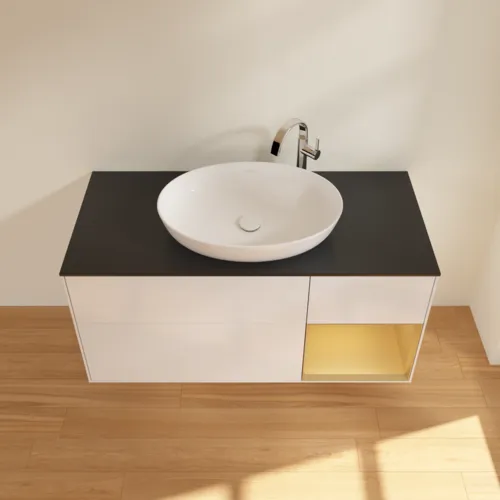 Bild von VILLEROY BOCH Finion Waschbeckenunterschrank, mit Beleuchtung, 3 Auszüge, 1200 x 603 x 501 mm, Glossy White Lacquer / Gold Matt Lacquer / Glass Black Matt #F952HFGF
