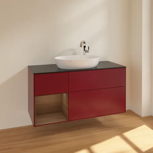 Bild von VILLEROY BOCH Finion Waschbeckenunterschrank, mit Beleuchtung, 3 Auszüge, 1200 x 603 x 501 mm, Peony Matt Lacquer / Walnut Veneer / Glass Black Matt #F942GNHB