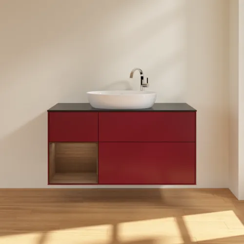 Bild von VILLEROY BOCH Finion Waschbeckenunterschrank, mit Beleuchtung, 3 Auszüge, 1200 x 603 x 501 mm, Peony Matt Lacquer / Walnut Veneer / Glass Black Matt #F942GNHB