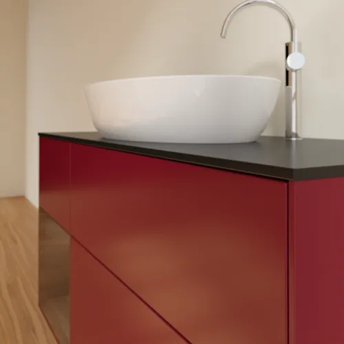 Bild von VILLEROY BOCH Finion Waschbeckenunterschrank, mit Beleuchtung, 3 Auszüge, 1200 x 603 x 501 mm, Peony Matt Lacquer / Walnut Veneer / Glass Black Matt #F942GNHB