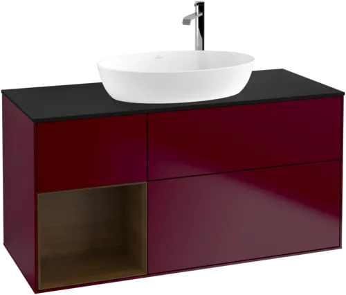 Bild von VILLEROY BOCH Finion Waschbeckenunterschrank, mit Beleuchtung, 3 Auszüge, 1200 x 603 x 501 mm, Peony Matt Lacquer / Walnut Veneer / Glass Black Matt #F942GNHB