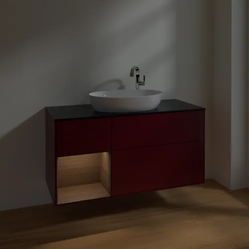 Bild von VILLEROY BOCH Finion Waschbeckenunterschrank, mit Beleuchtung, 3 Auszüge, 1200 x 603 x 501 mm, Peony Matt Lacquer / Walnut Veneer / Glass Black Matt #F942GNHB