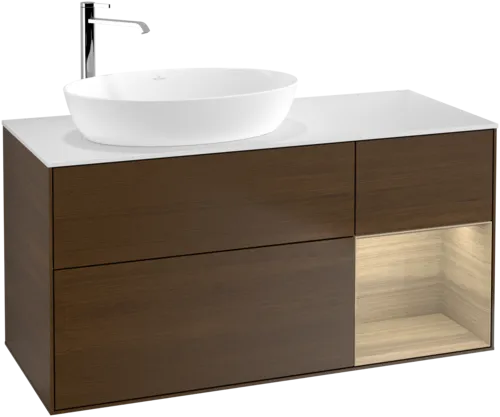 Bild von VILLEROY BOCH Finion Waschbeckenunterschrank, mit Beleuchtung, 3 Auszüge, 1200 x 603 x 501 mm, Walnut Veneer / Oak Veneer / Glass White Matt #F931PCGN