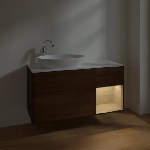Bild von VILLEROY BOCH Finion Waschbeckenunterschrank, mit Beleuchtung, 3 Auszüge, 1200 x 603 x 501 mm, Walnut Veneer / Oak Veneer / Glass White Matt #F931PCGN