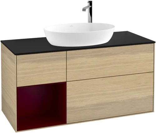 Bild von VILLEROY BOCH Finion Waschbeckenunterschrank, mit Beleuchtung, 3 Auszüge, 1200 x 603 x 501 mm, Oak Veneer / Peony Matt Lacquer / Glass Black Matt #F942HBPC