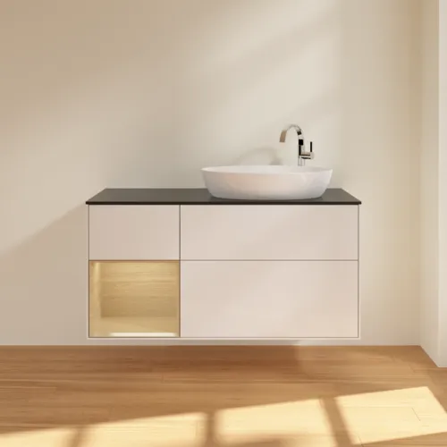 Bild von VILLEROY BOCH Finion Waschbeckenunterschrank, mit Beleuchtung, 3 Auszüge, 1200 x 603 x 501 mm, Glossy White Lacquer / Oak Veneer / Glass Black Matt #F922PCGF