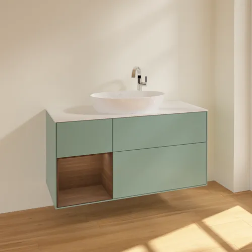 Bild von VILLEROY BOCH Finion Waschbeckenunterschrank, mit Beleuchtung, 3 Auszüge, 1200 x 603 x 501 mm, Olive Matt Lacquer / Walnut Veneer / Glass White Matt #F941GNGM