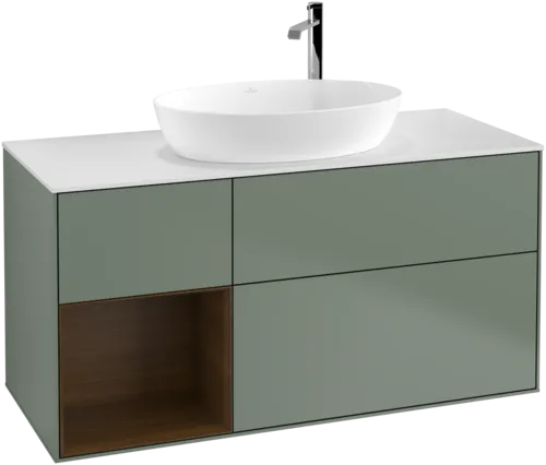 Bild von VILLEROY BOCH Finion Waschbeckenunterschrank, mit Beleuchtung, 3 Auszüge, 1200 x 603 x 501 mm, Olive Matt Lacquer / Walnut Veneer / Glass White Matt #F941GNGM